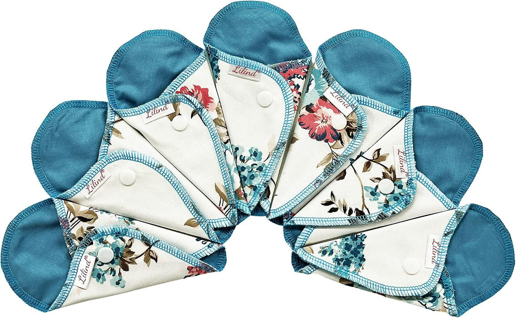 Lilind® 7 Pack Thong Pantyliners on Blue Flowers, Reusable Organic Cloth, Washable Menstrual Pads, Zero Waste 100% Cotton