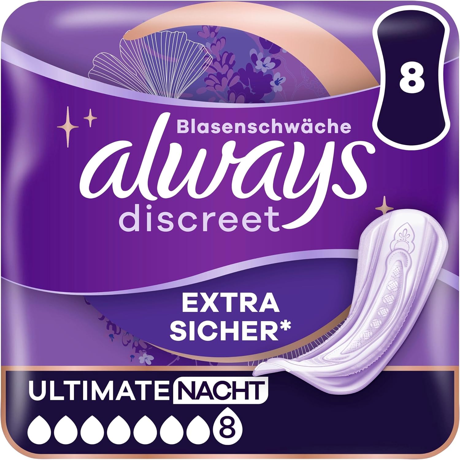 Always Discreet Ultimate Night Incontinence Pads for Women, Pack of 8