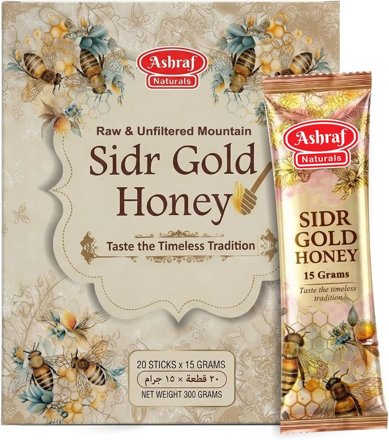 Ashraf Naturals Sidr Gold Honey Sticks – Raw Unfiltered Mountain Sidr Honey, Single-Origin Himalayan Honey, Gluten-Free (20 x 15 g)