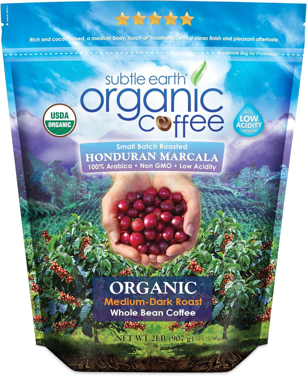 2LB Subtle Earth Organic Coffee - Medium-Dark Roast - Whole Bean Coffee - 100% Arabica Beans - Low Acidity and Non-GMO - 2lb bag