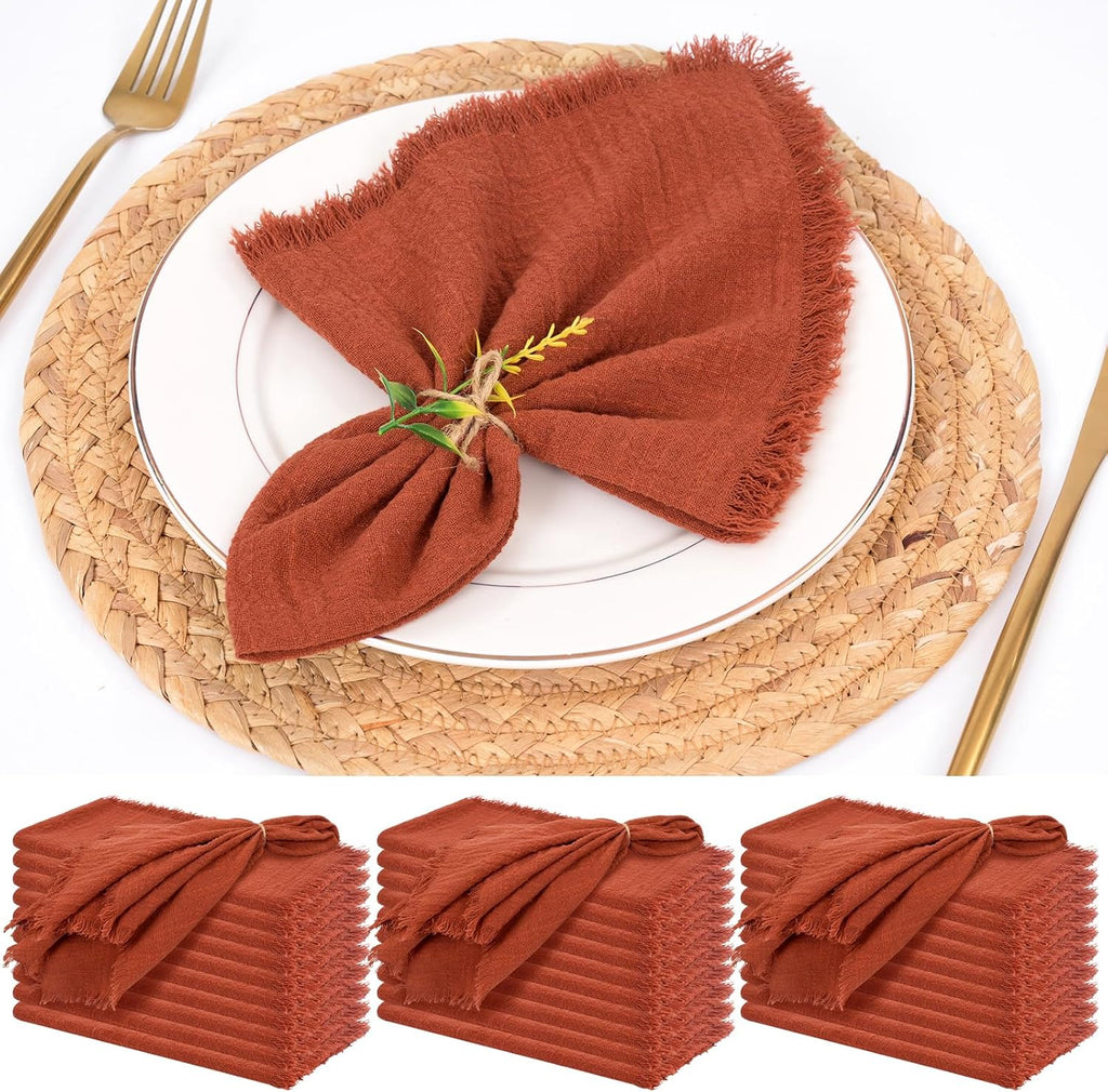 30 Pack Terracotta Cloth Napkins Cotton Linen Napkins with Fringe 16 x 16 Inch Soft Handmade Napkins Cloths Delicate Washable Rustic Dinner Napkin Cloths for Wedding Party Dinner Table Decor