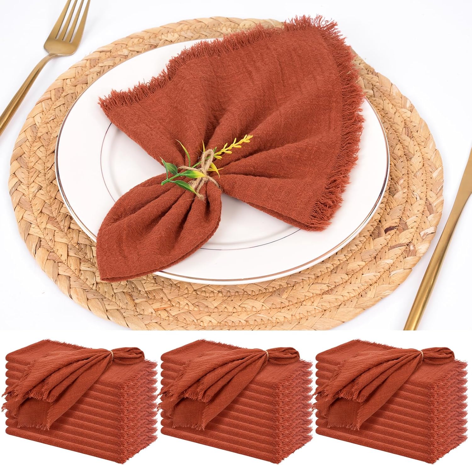 30 Pack Terracotta Cloth Napkins Cotton Linen Napkins with Fringe 16 x 16 Inch Soft Handmade Napkins Cloths Delicate Washable Rustic Dinner Napkin Cloths for Wedding Party Dinner Table Decor
