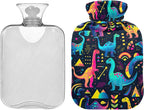 1L Large Classic Hot Water Bottle with Cover, Colorful Dinosaurs Durable Hot Water Bag for Hot and Cold Therapy, Tummy Cramps Neck and Shoulder Waist Pain Relief