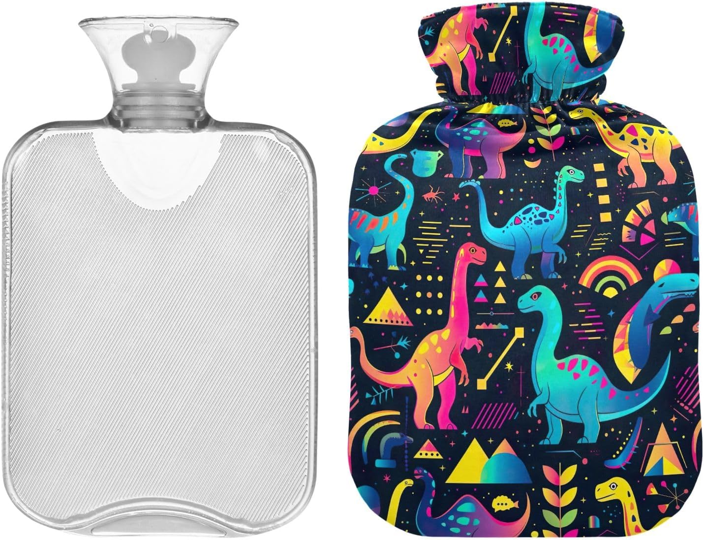 1L Large Classic Hot Water Bottle with Cover, Colorful Dinosaurs Durable Hot Water Bag for Hot and Cold Therapy, Tummy Cramps Neck and Shoulder Waist Pain Relief