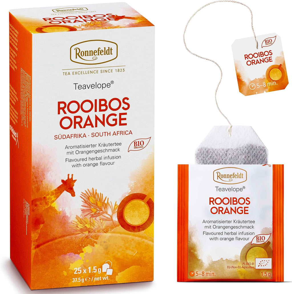 Ronnefeldt Teavelope Rooibos Orange – Caffeine-Free South African Red Herbal Tea with Apple & Orange Peel – 25 Individually Wrapped Tea Bags