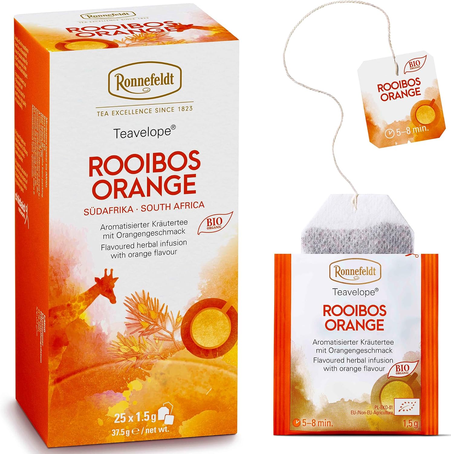 Ronnefeldt Teavelope Rooibos Orange – Caffeine-Free South African Red Herbal Tea with Apple & Orange Peel – 25 Individually Wrapped Tea Bags