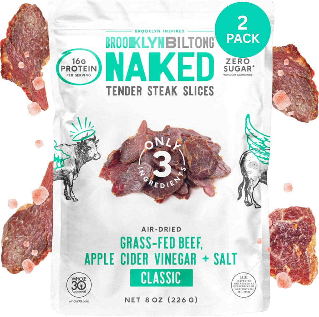 Brooklyn Biltong Naked Tender Slices, Classic (8oz, Pack of 2), Grass Fed Beef Protein Snacks, 32g Grass Fed Protein Per Pack, Beef Jerky Alternative – Sugar and Gluten Free, Paleo Snacks, Whole 30, AIP, Keto Snacks