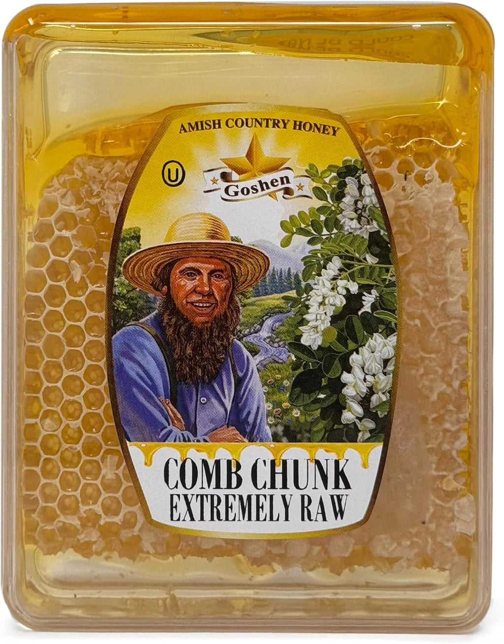 Goshen Amish Extremely Raw Pure Spring Comb Honeycomb 100% All Natural Domestic NY Antioxidant Antimicrobial Enzymes and Minerals Health Benefits Unfiltered Unprocessed Unheated Honey 14.10 oz