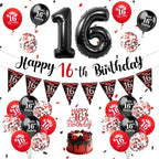 16th Birthday Decorations for Boys - 22Pcs Red Black Happy 16th Birthday Decor with Hanging Banner, Number 16 Balloons, Triangle Flag and Cake Topper for Teenager Sweet Sixteen Party Supplies