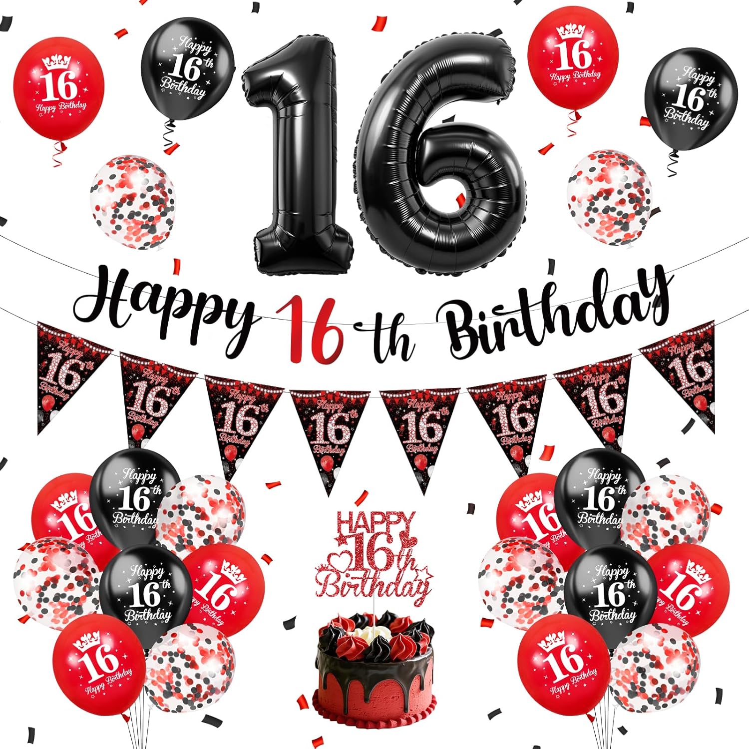 16th Birthday Decorations for Boys - 22Pcs Red Black Happy 16th Birthday Decor with Hanging Banner, Number 16 Balloons, Triangle Flag and Cake Topper for Teenager Sweet Sixteen Party Supplies