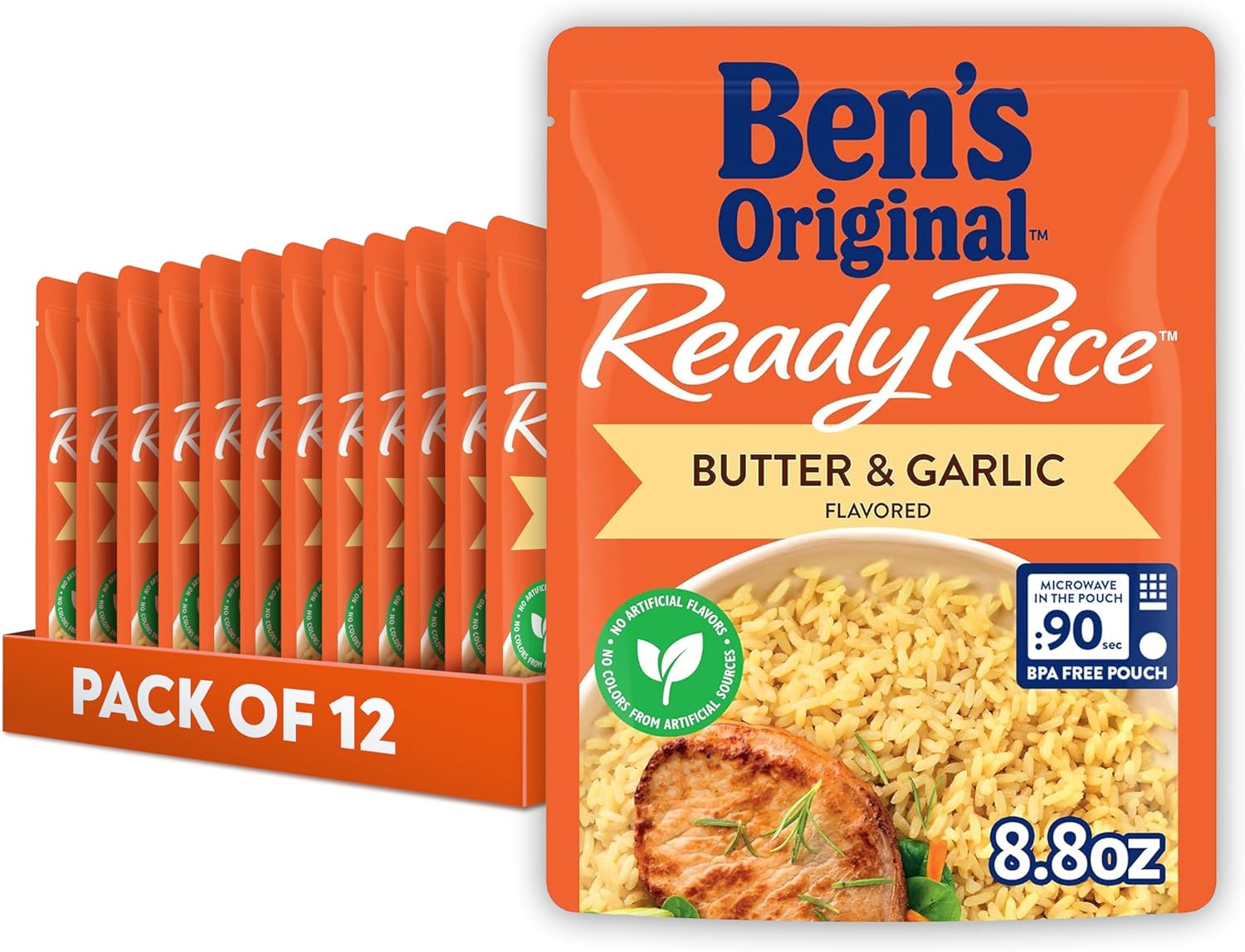 BEN'S ORIGINAL Ready Rice Butter and Garlic Flavored Rice, Easy Dinner Side, 8.8 oz Pouch (Pack of 12)