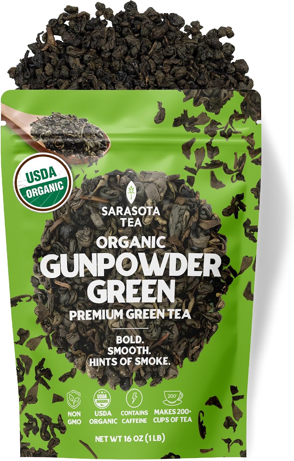 Organic Gunpowder Green Tea Loose Leaf, 1 lb Bulk Bag, USDA Organic Chinese Green Tea, Bold Earthy Flavor, Non-GMO