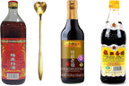 Shaohsing (shaoxing) Rice Cooking Seasoning 750ml, Premium Dark Soy Sauce, Gold Plum Chikiang Vinegar Plus Golden Heart Long Handle Spoon