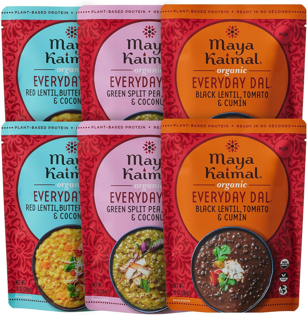 Maya Kaimal Foods - Organic Indian Everyday Dal Variety Pack No. 2 - 10oz 3 flavors, 2 Each - Red Lentil, Black Lentil, & Green Split Pea - Vegan