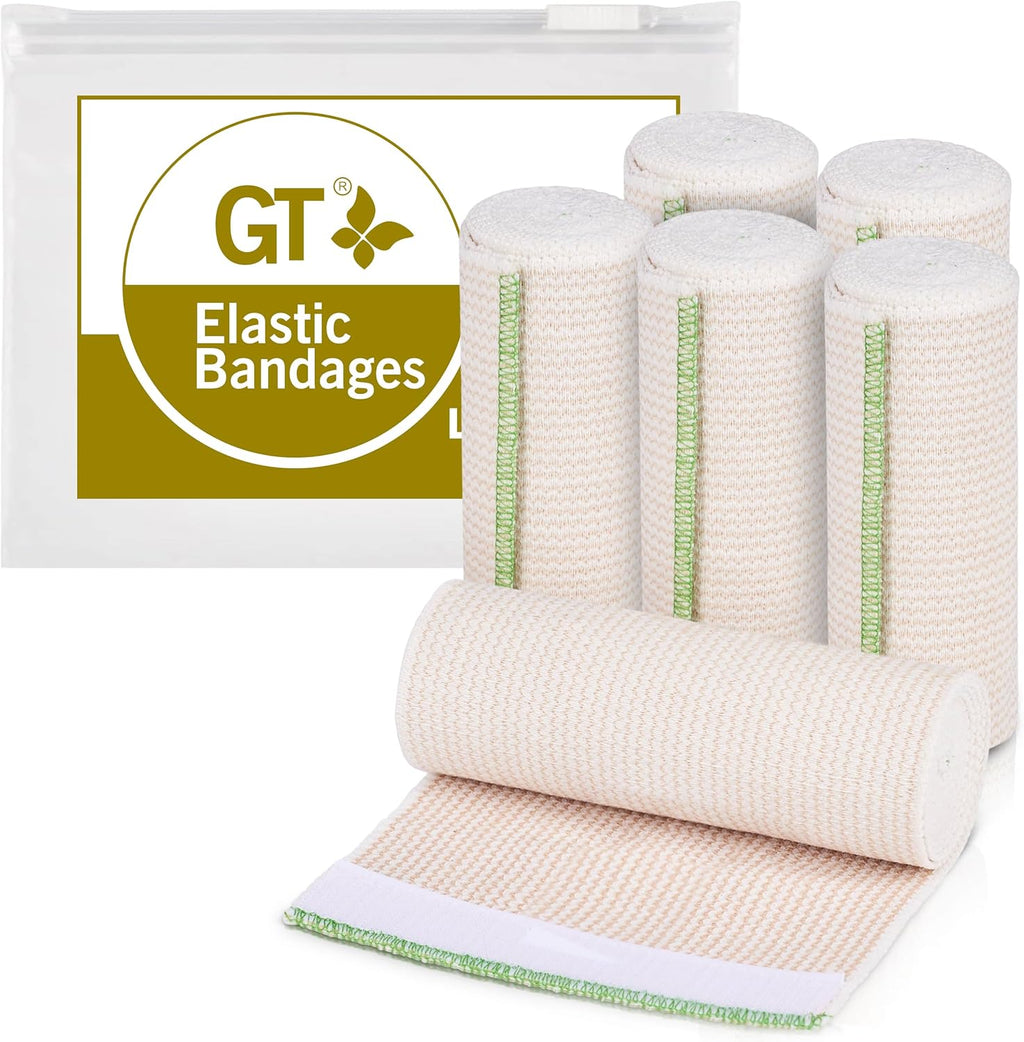 Premium Elastic Bandage Wrap (6" 6 Pack) - Hook & Loop Fasteners at Both Ends - Latex Free Hypoallergenic Compression Roll - Reusable Bandages for Waist, Legs, Elbow & Knee Wrap