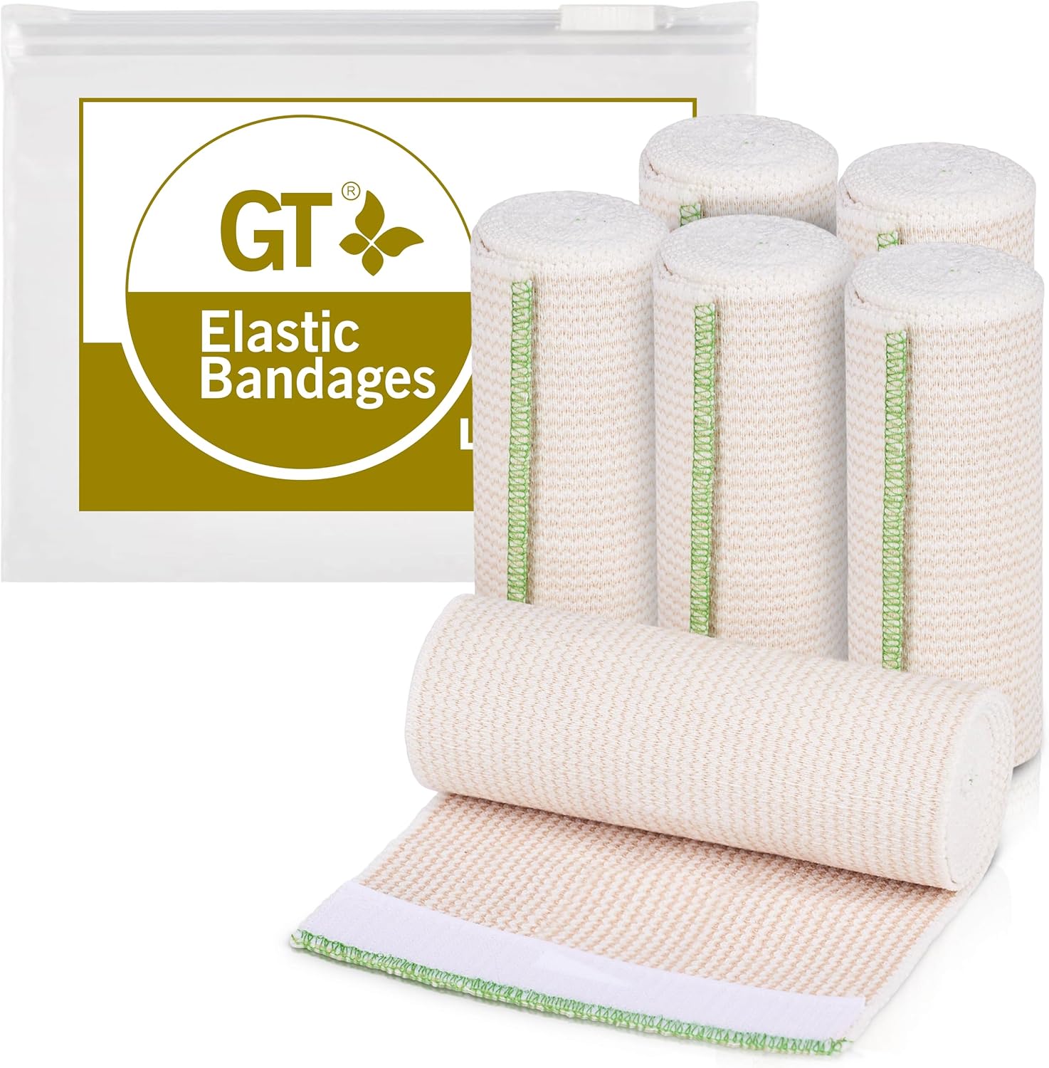 Premium Elastic Bandage Wrap (6" 6 Pack) - Hook & Loop Fasteners at Both Ends - Latex Free Hypoallergenic Compression Roll - Reusable Bandages for Waist, Legs, Elbow & Knee Wrap