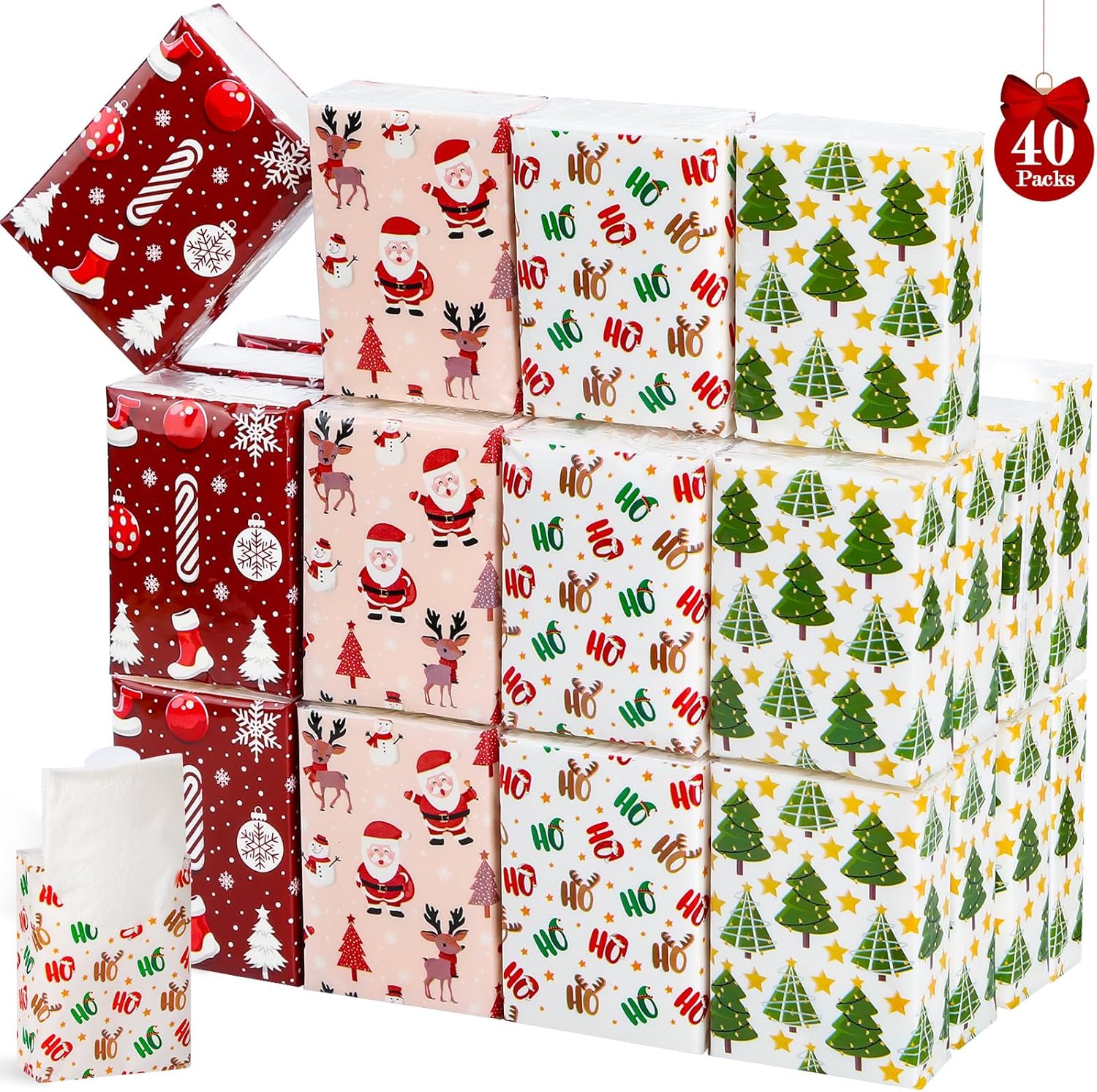 40 Pack Christmas Pocket Tissues 3 Ply Mini Travel Facial Tissues with 4 Festive Designs, Merry Christmas Individual Tissues Packs for Holiday Party Favors, Stocking Stuffers, Xmas Gifts Bulk