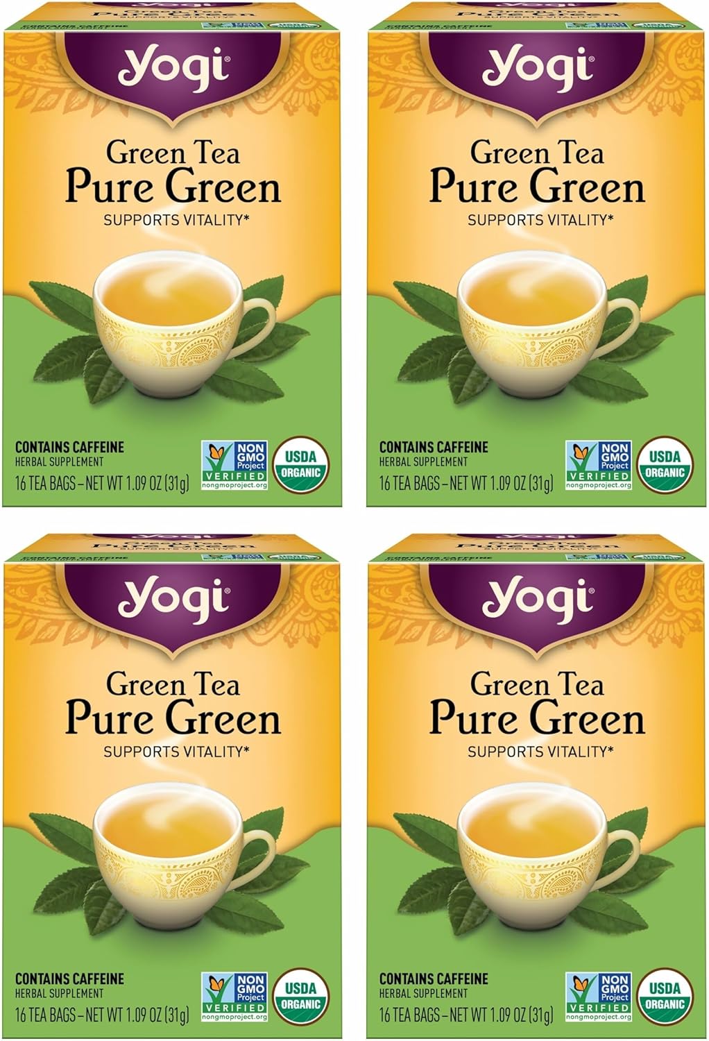 Yogi Tea Pure Green Tea - 16 Bags per Pack (4 Packs) - Organic - Supports Overall Health & Provides Antioxidants