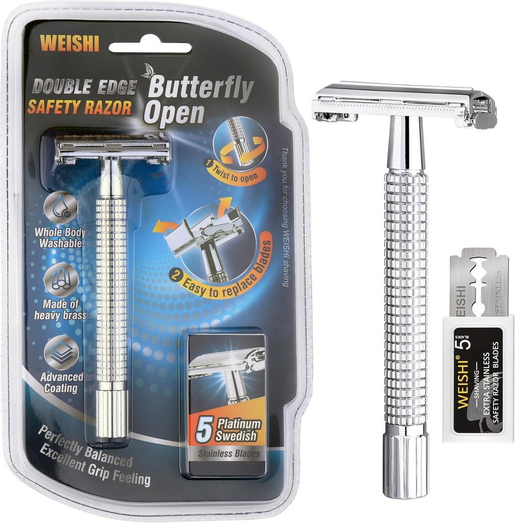 WEISHI Butterfly Open Double Edge Safety Razor for Men, Chrome Long Handle with 5 Stainless Razor Blades Included, Reusable Wet Shave Tool for Smooth, Close Shave