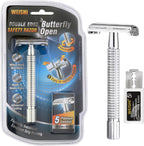 WEISHI Butterfly Open Double Edge Safety Razor for Men, Chrome Long Handle with 5 Stainless Razor Blades Included, Reusable Wet Shave Tool for Smooth, Close Shave