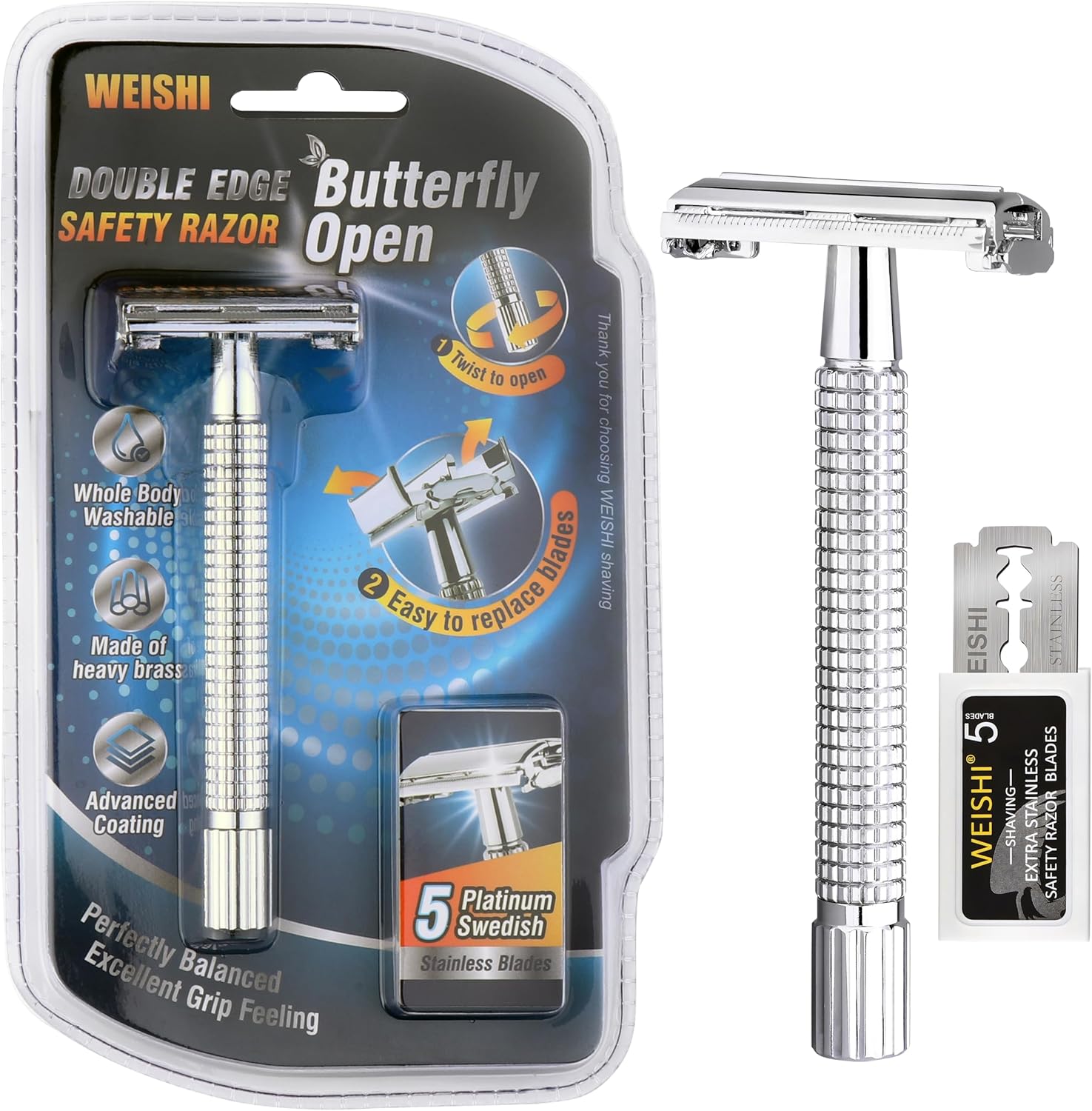 WEISHI Butterfly Open Double Edge Safety Razor for Men, Chrome Long Handle with 5 Stainless Razor Blades Included, Reusable Wet Shave Tool for Smooth, Close Shave
