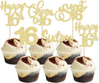 30 Pack Happy 16th Birthday Cupcake Toppers Gold Glitter Sweet 16 Cheers to 16 Years Old Birthday Cupcake Picks for Happy 16th Anniversary Party Cake Decorations