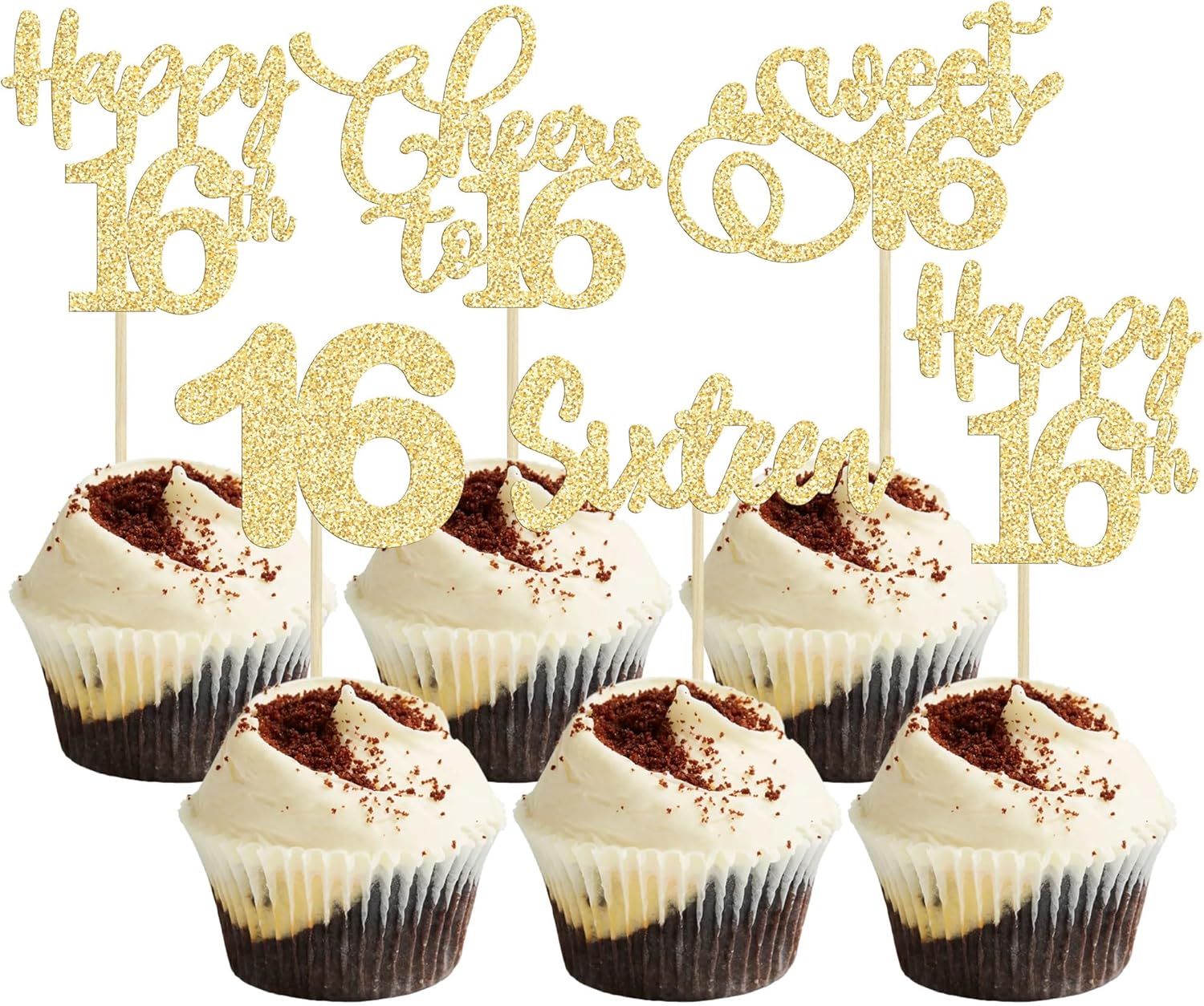30 Pack Happy 16th Birthday Cupcake Toppers Gold Glitter Sweet 16 Cheers to 16 Years Old Birthday Cupcake Picks for Happy 16th Anniversary Party Cake Decorations
