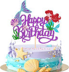 1 PCS Mermaid Happy Birthday Cake Topper - Glitter Ocean Starfish Seawood Seashells Tail Cake Decoration for Under the Sea Theme Baby Shower Birthday Party Supplies Purple