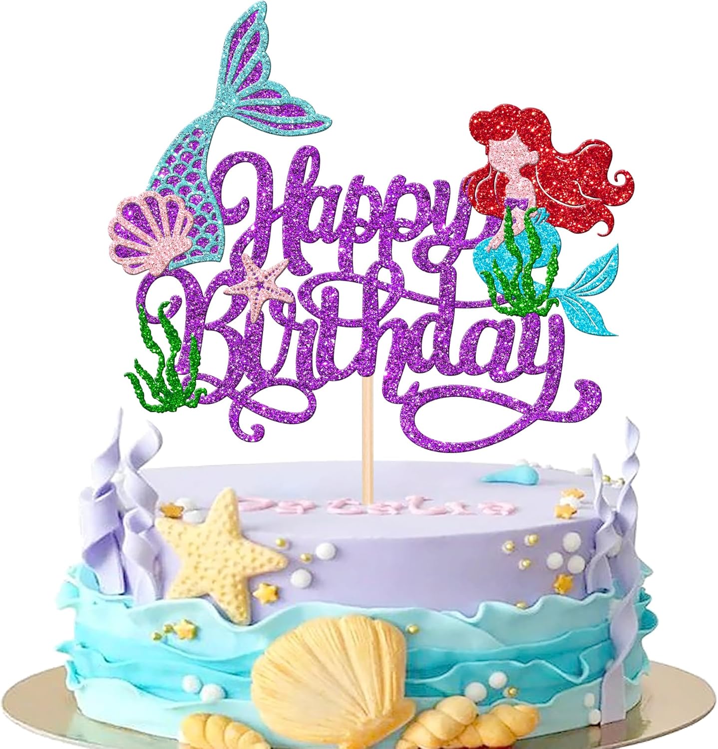 1 PCS Mermaid Happy Birthday Cake Topper - Glitter Ocean Starfish Seawood Seashells Tail Cake Decoration for Under the Sea Theme Baby Shower Birthday Party Supplies Purple