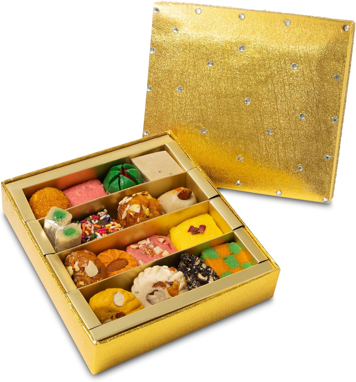 Sukhadia's Indian Sweets Gift, Festive Gold Box with Kundan gems, Premium Assorted Mithai, 24oz