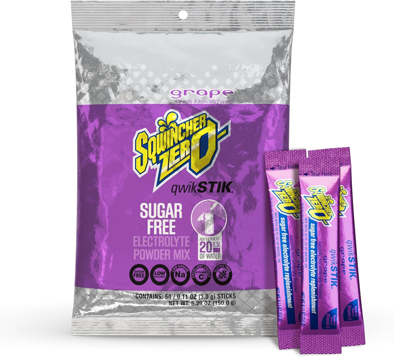 Sqwincher Zero Qwik Stik, Grape, Sugar Free, Low Calorie, Low Sodium Electrolyte Powder Hydration Drink Mix, .11 0z Packet (Pack of 50)