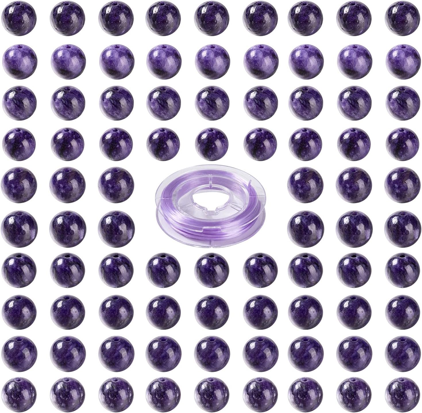 BEEFLYING 100 Pcs 8mm Natural Charoite Gemstone Beads Round Stone Beads with Elastic Crystal Thread for DIY Stretch Bracelet Necklace Making Kit