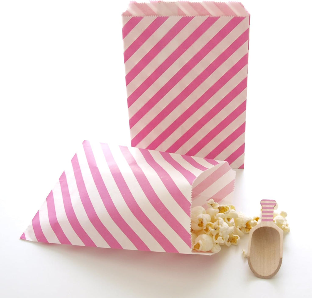Hot Pink Stripe Paper Treat Bag | 25 Pack | Food Grade Paper Goodie Bag | Party Supplies