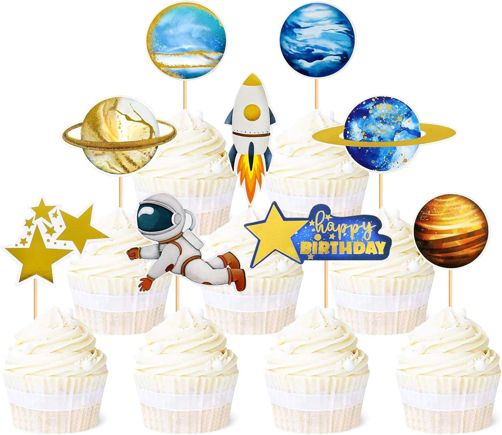 Ercadio 36 Pack Space Astronaut Cupcake Toppers Space Boy Moon Rocket Planet Cupcake Toppers Earth Planet Cupcake Picks Space Theme Gender Reveal Birthday Shower Party Supplies