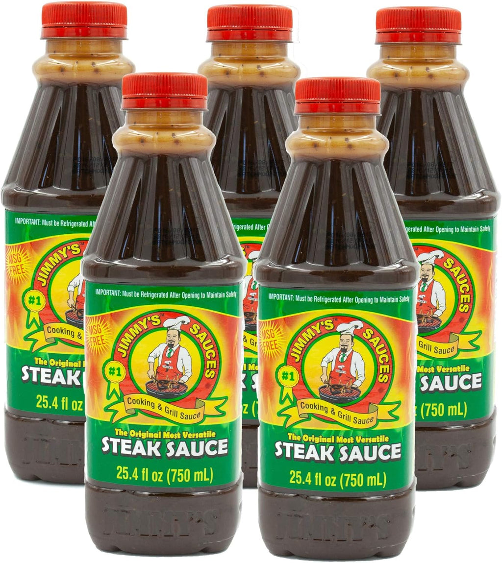 Jimmy’s Steak Sauce, Versatile Cooking & Grill Sauce, Meat Marinade, BBQ Sauce, Dipping Sauce & More (25oz 5 Pack) – Tomato Based w/ Worcester Sauce & Secret Spices No MSG, Kosher, Halal Sauce