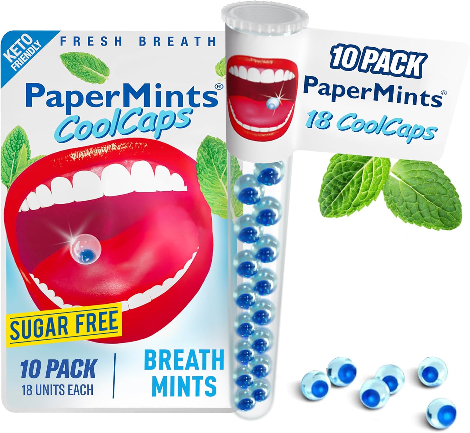 PaperMints CoolCaps - Instant Fresh Breath Mints Sugar-Free, 10 x Tubes of 18 capsules Extreme Bad Breath Treatment for Adults, Breath Freshener Pearls for Halitosis Keto-Friendly Peppermint - total 180 units