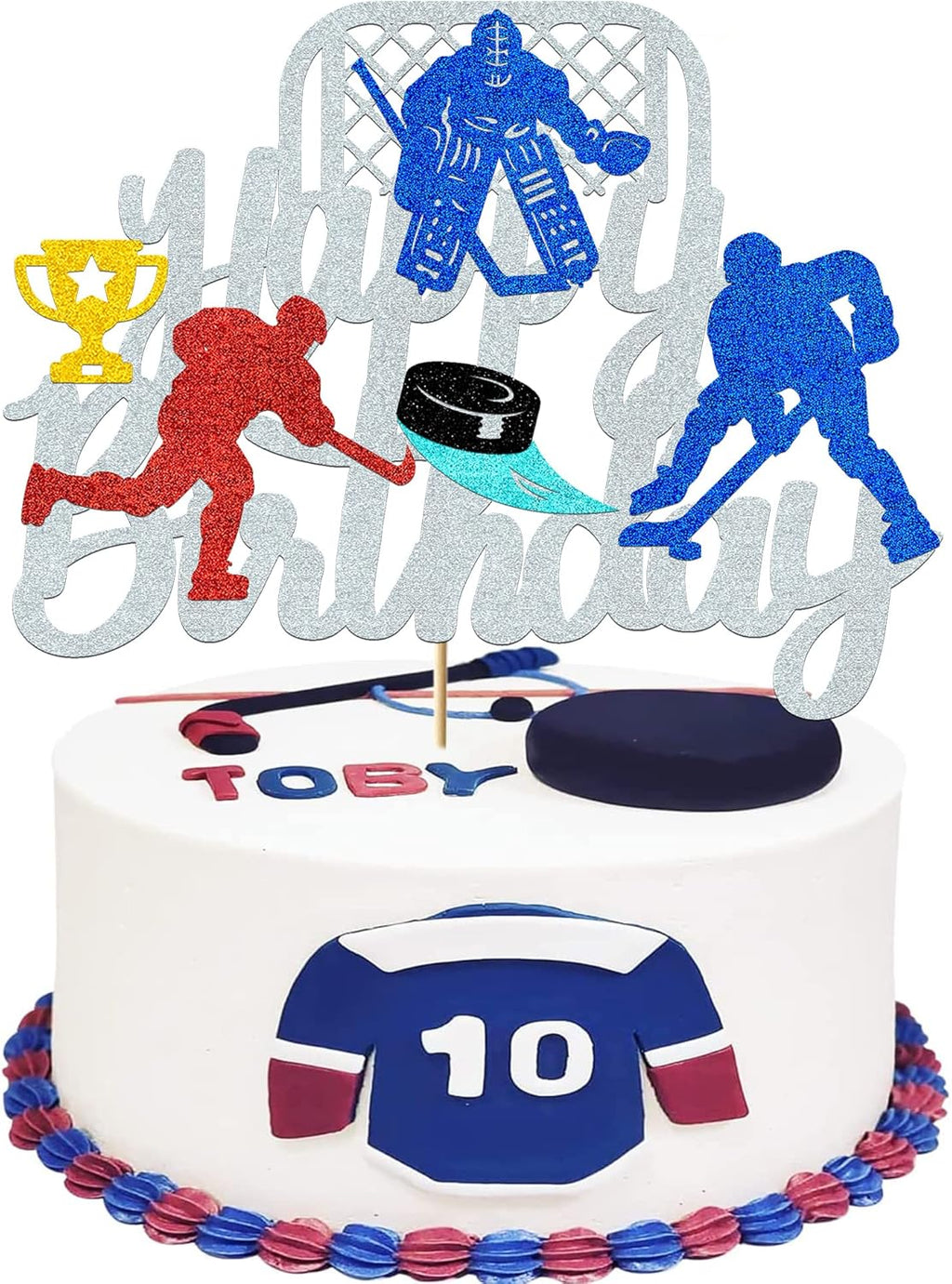 Ice Hockey Cake Topper | Ice Hockey Birthday Decorations for Boys, Girls, Adults – Glitter Silver Sports Theme, Happy Birthday Party Supplies