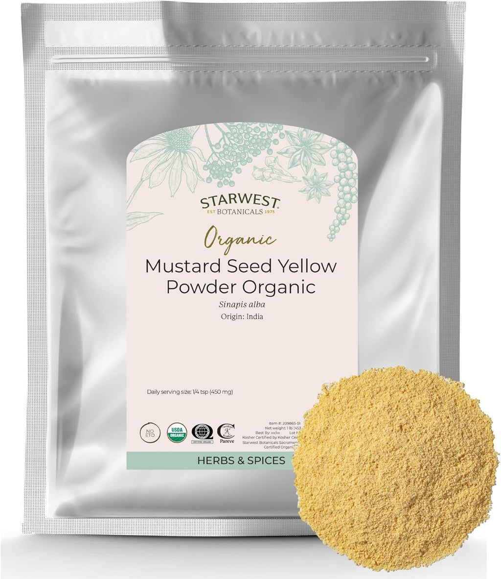 Starwest Botanicals Organic Yellow Mustard Seed Powder - Dried Seasoning Spice for Meat, Cooking, & Pickling, Dry Ground Mustard Powder, Certified Kosher, Non-GMO - Bulk 1 lb Bag