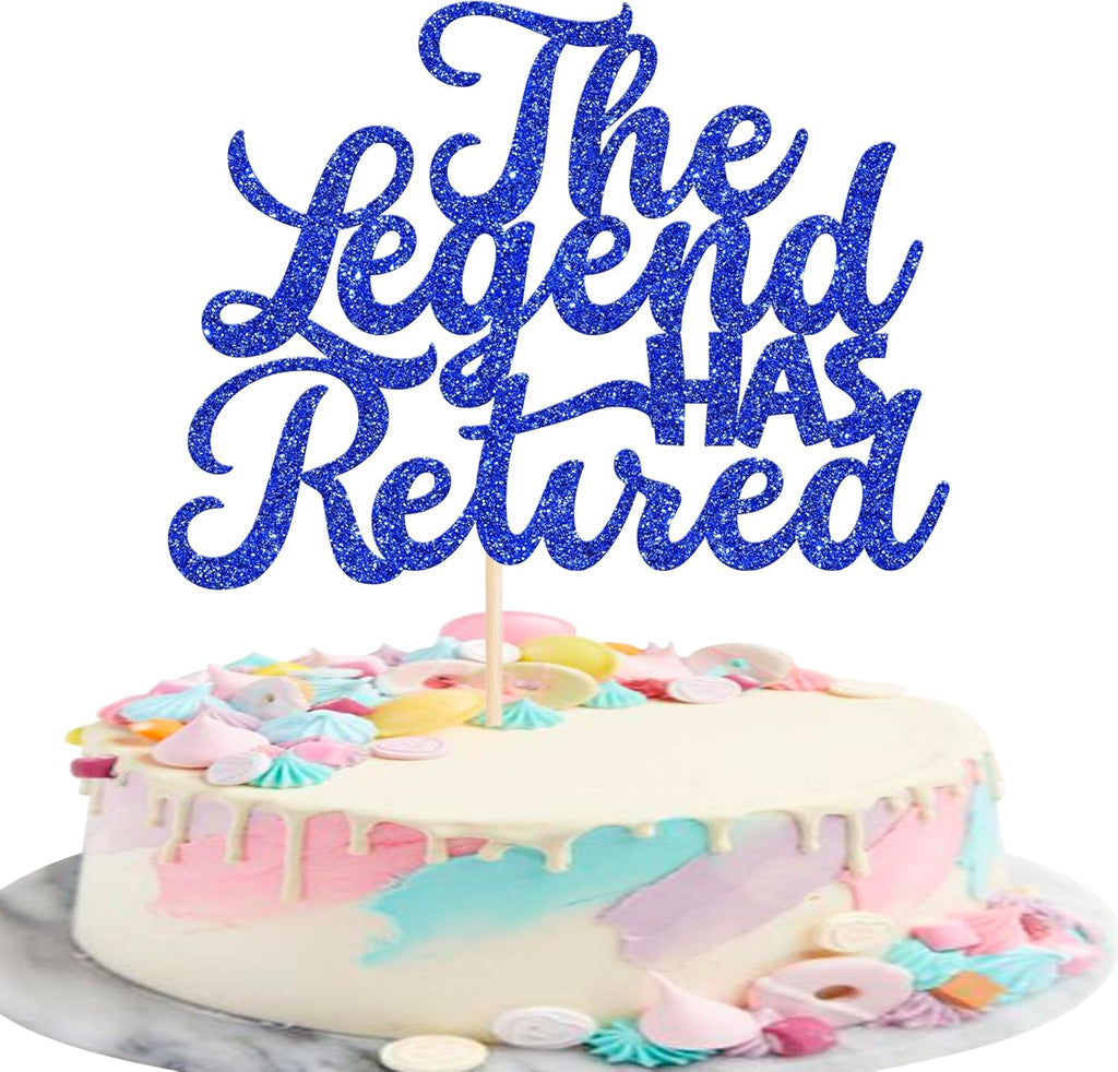Rsstarxi 1 Pack The Legend Has Retired Cake Topper Blue Glitter Goodbye Tension Hello Pension Cake Pick Retired Party Cake Decorations for Happy Retirement Farewell Party Cake Supplies