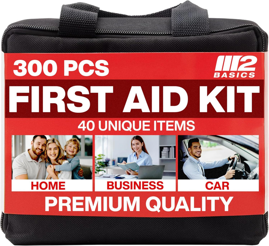 M2 BASICS 300 Piece First Aid Kit, 40 Items, Compact Emergency Medical Kit with Durable Carry Bag for Home, Car, Travel, Office, Camping