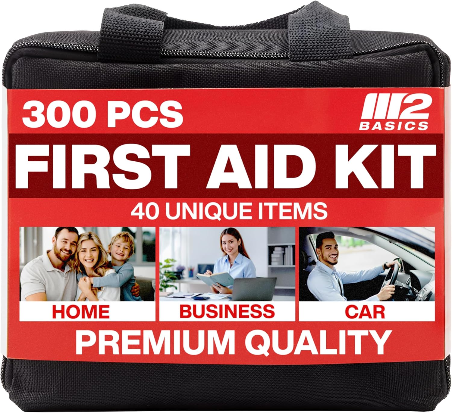 M2 BASICS 300 Piece First Aid Kit, 40 Items, Compact Emergency Medical Kit with Durable Carry Bag for Home, Car, Travel, Office, Camping