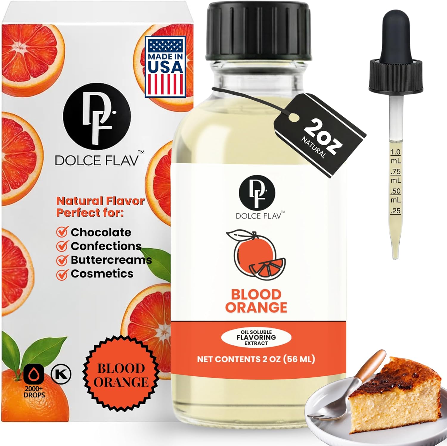 Dolce Flav Natural Blood Orange Extract – 2 Ounce Oil-Soluble Kosher, Sugar-Free, Concentrated Blood Orange Flavoring for Baking, Chocolates & Desserts, Includes Measured Dropper