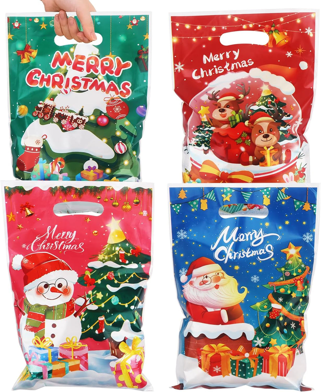 Christmas Gift Bags with Handles - 50 Pcs Christmas Treat Bags, Xmas Goodie Bags Bulk Plastic Snowman Small Candy Goody Cookie Snack Favor Tote Bag for Winter Xmas Holiday Party Favors Supplies