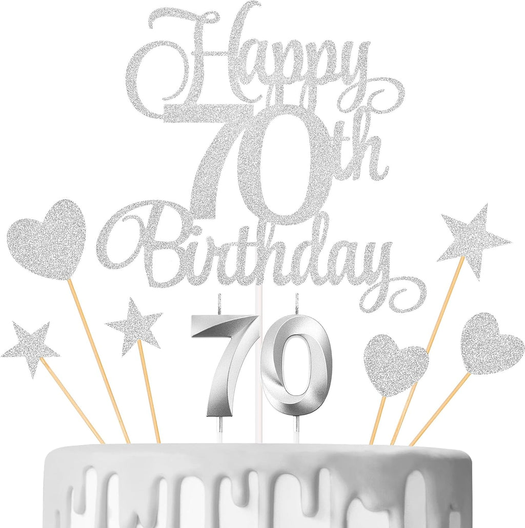 70th Birthday Cake Decorations, 70th Birthday Candles Cake Numeral Candles and Glitter Happy 70th Birthday Cake Toppers Set for Birthday Party Supplies (Silver)