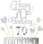70th Birthday Cake Decorations, 70th Birthday Candles Cake Numeral Candles and Glitter Happy 70th Birthday Cake Toppers Set for Birthday Party Supplies (Silver)