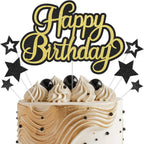 Happy Birthday Cake Toppers for Men, Black Gold Birthday Cake Topper, Glitter Cake Decorations Supplies for Birthday Party, Happy Birthday Cake Decorations