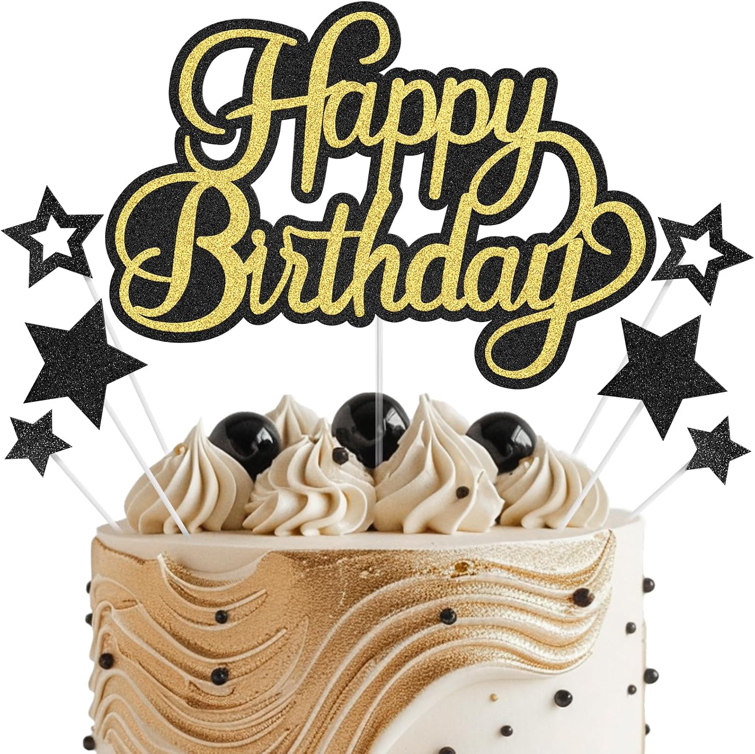 Happy Birthday Cake Toppers for Men, Black Gold Birthday Cake Topper, Glitter Cake Decorations Supplies for Birthday Party, Happy Birthday Cake Decorations