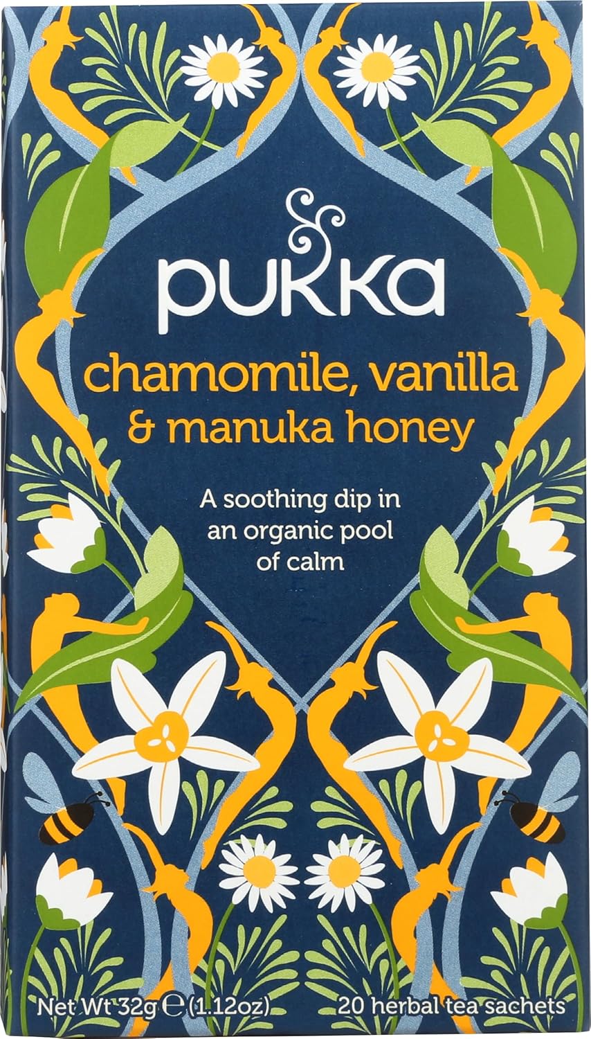 Pukka Calming Chamomile, Vanilla & Manuka Honey Organic Herbal Tea, Soothing Organic Tea Infusion Selection, Honey & Fennel Blend, Caffeine Free, 20 Total Tea Bags