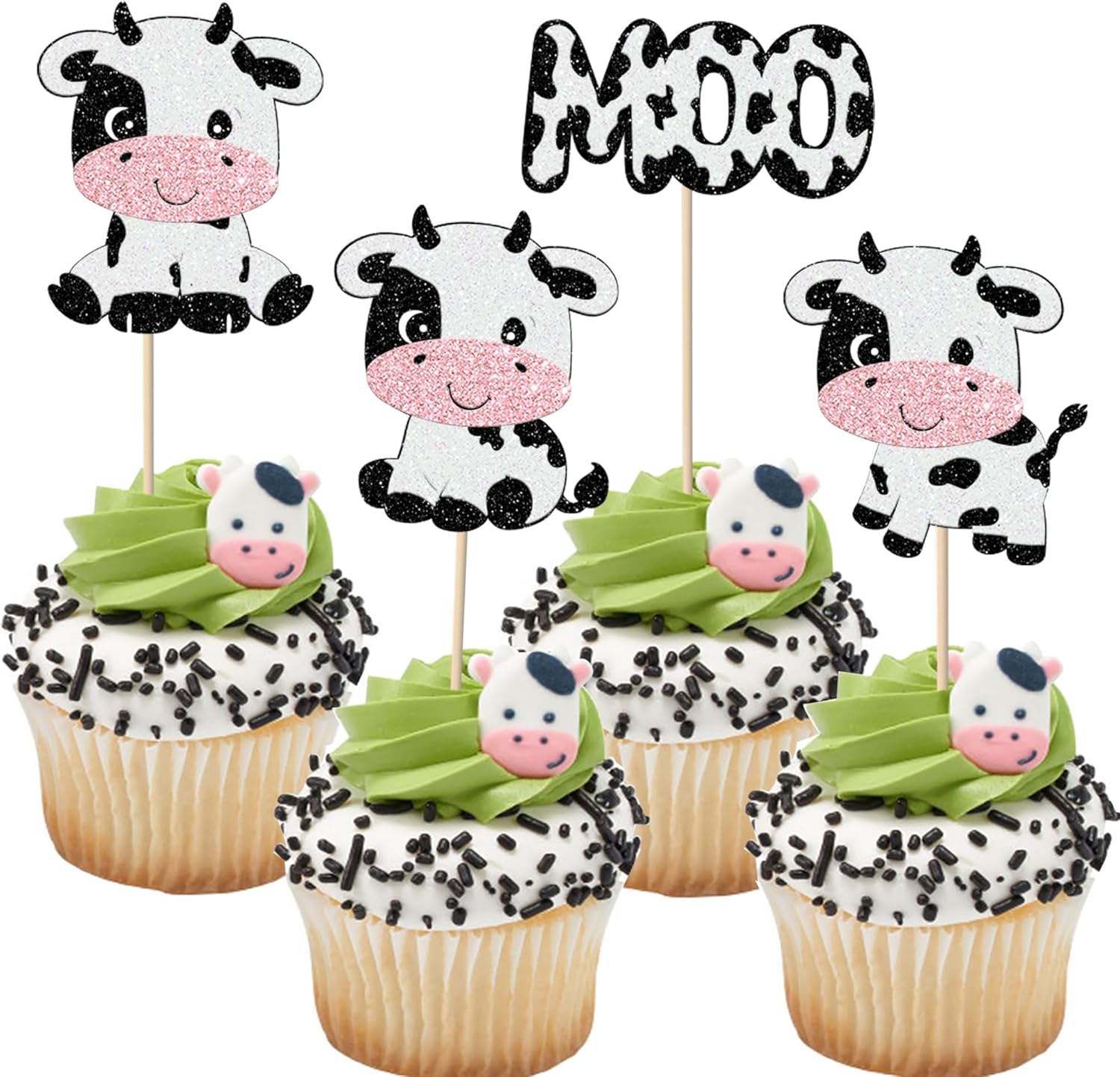 Rsstarxi 24 Pack Cow Cupcake Toppers Glitter Farm Animals Moo Cupcake Picks for Cow Theme Baby Shower Cow Birthday Party Cake Decorations Supplies