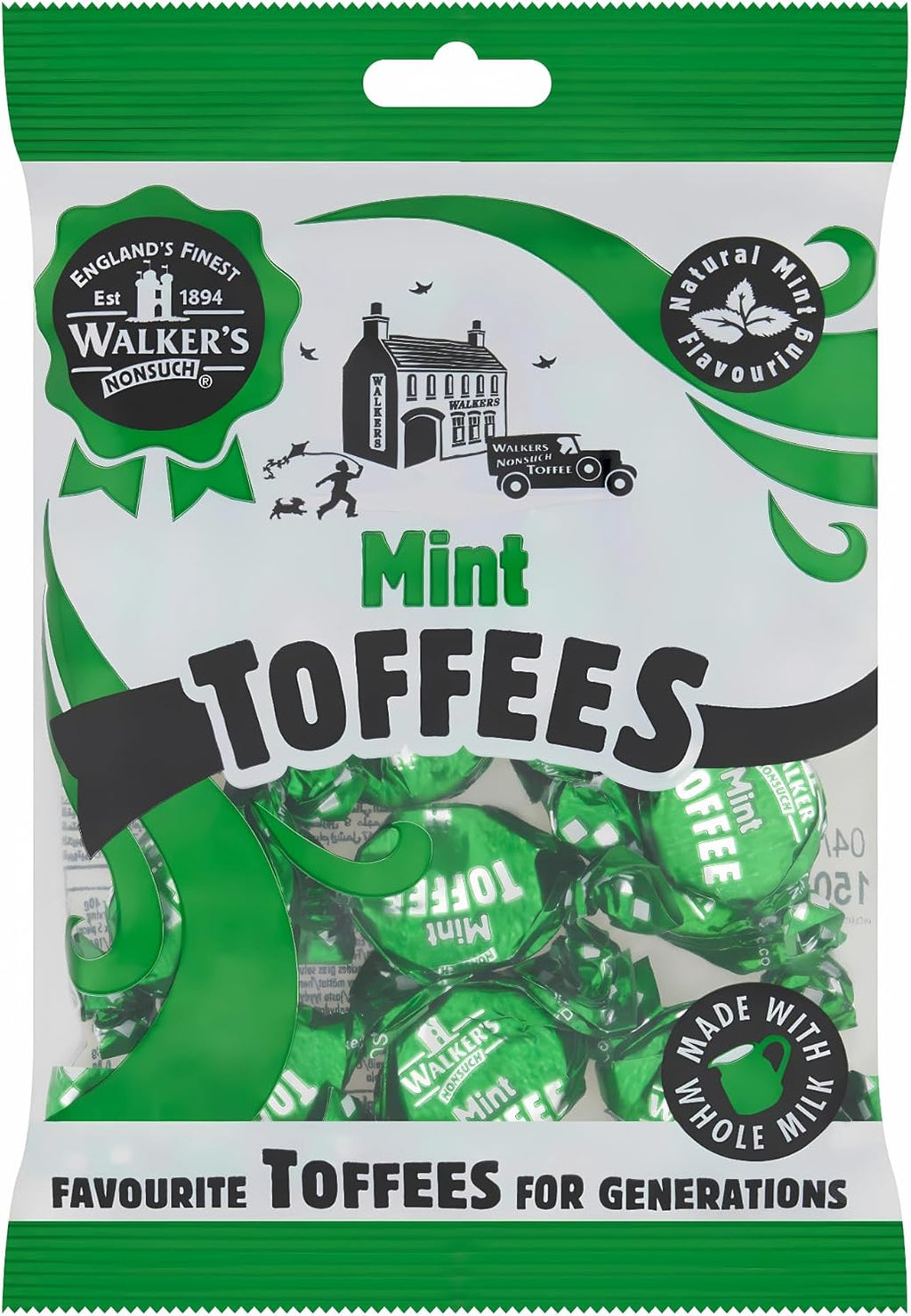 Walkers Nonsuch British Mint Toffee Candy 5.29 Oz (150g) - Natural Mint Flavor, Whole Milk Toffee, Individually Wrapped Chewy Candy Pack, Classic English Sweets, Imported UK